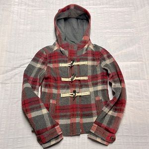 Abercrombie girls -red and gray plaid hooded wool blend jacket.